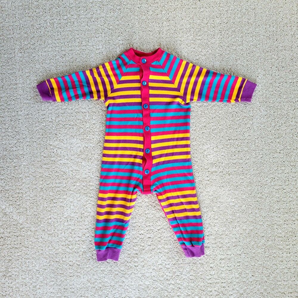 Vintage Wibbies Long Sleeve Romper 24M Colorful 80s 90s Pink Blue Stripe Retro